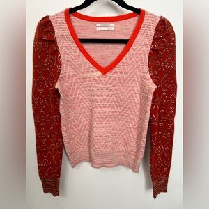 Anthropologie Pink & Burnt Orange V-Neck Sweater with shoulder details
